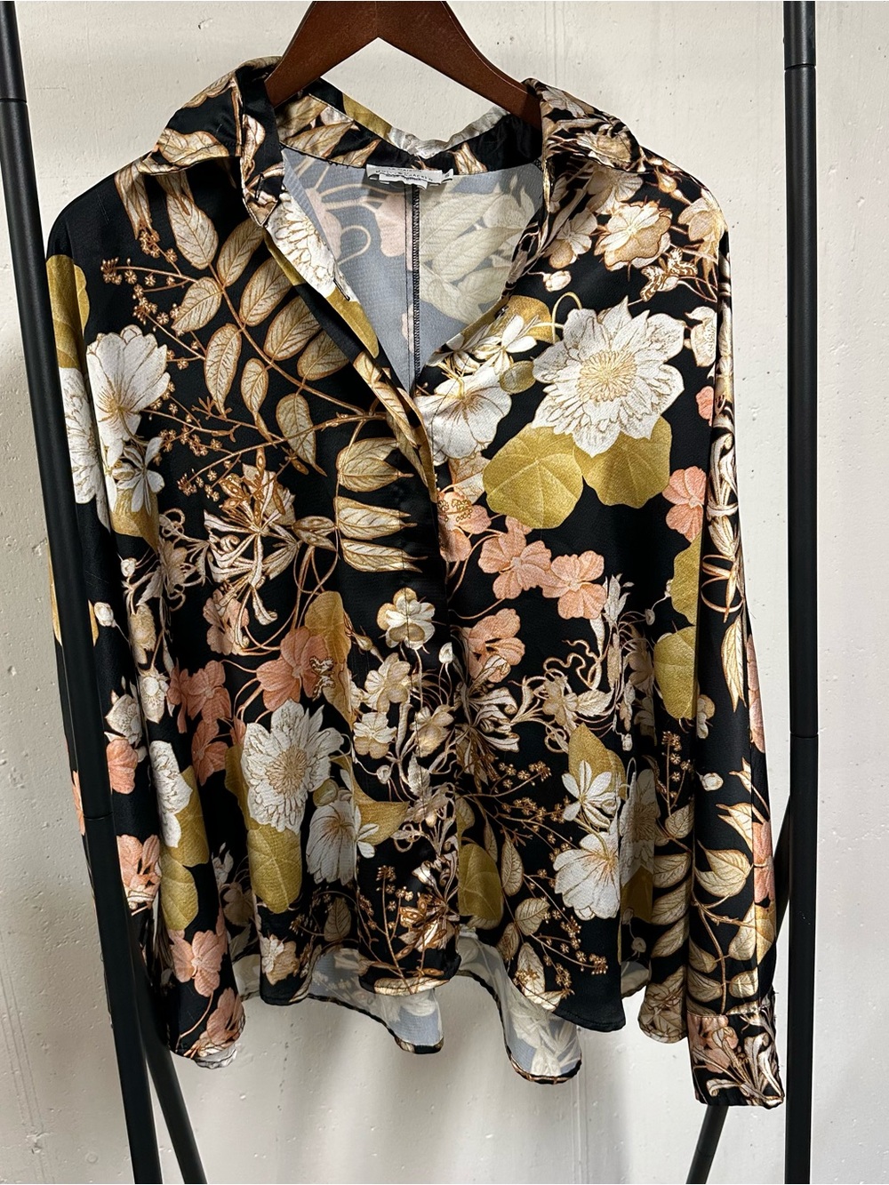 Molly Bracken Black Blouse with Gold & Peach Floral Print